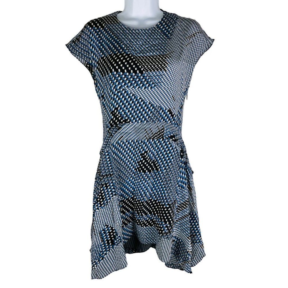 JUICY Couture Women's Blue White Geometric Print Silk Ruffle Dress Size 0